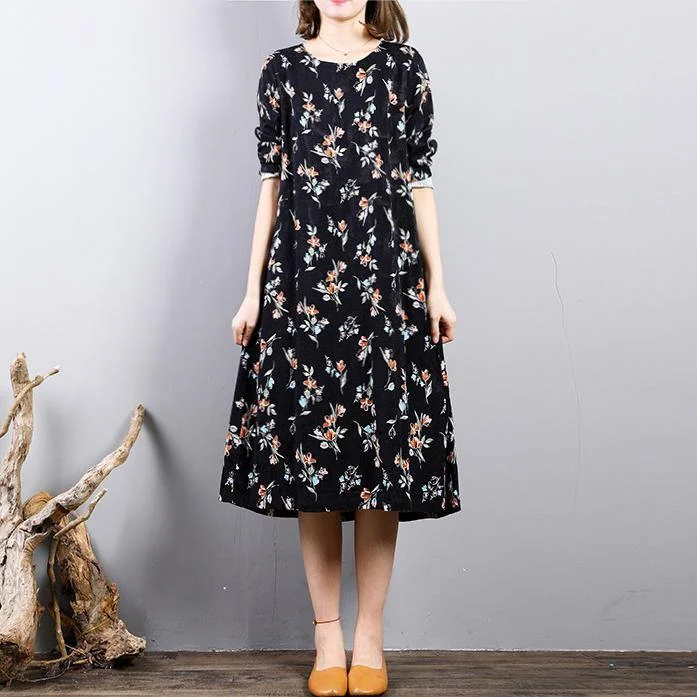 New black prints autumn cotton dress plus size o neck cotton gown casual long sleeve maxi dresses Cozy Ruffle Sleeve Maxi Dress