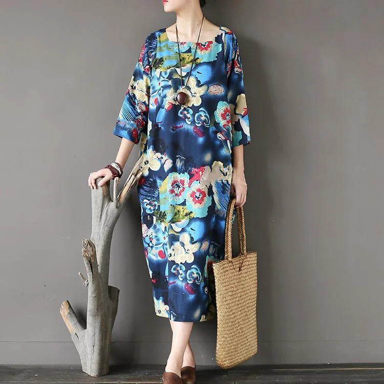 new blue prints casual linen maxi dress oversize casual o neck traveling dresses Elegant Maxi Dress with Pockets