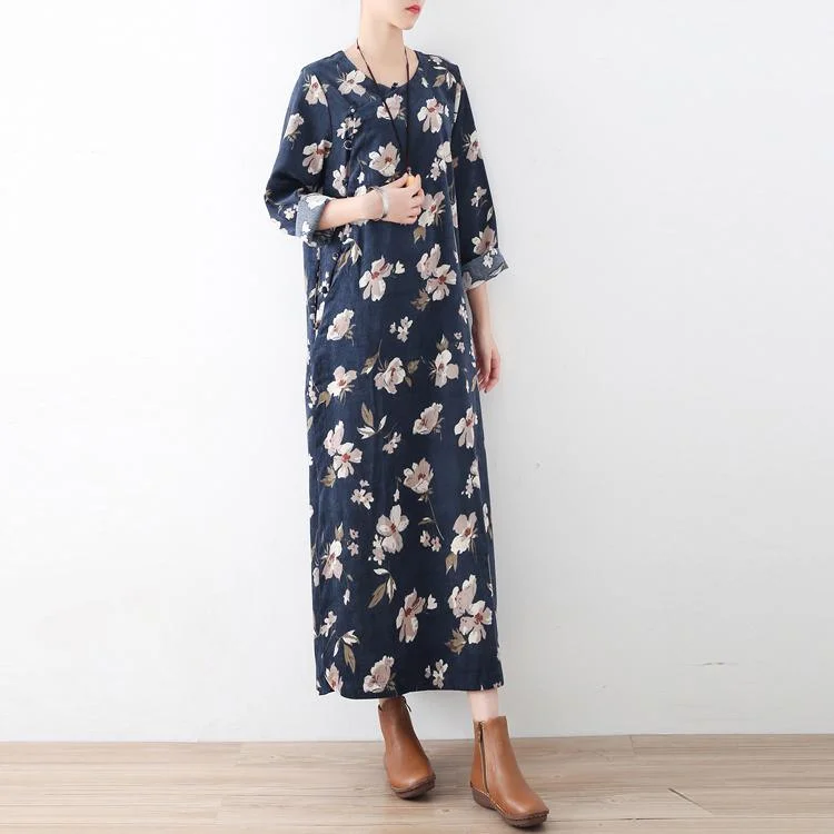 new blue vintage prints cotton maxi dresses plus size casual gown Trendy V-Neck Maxi Dress