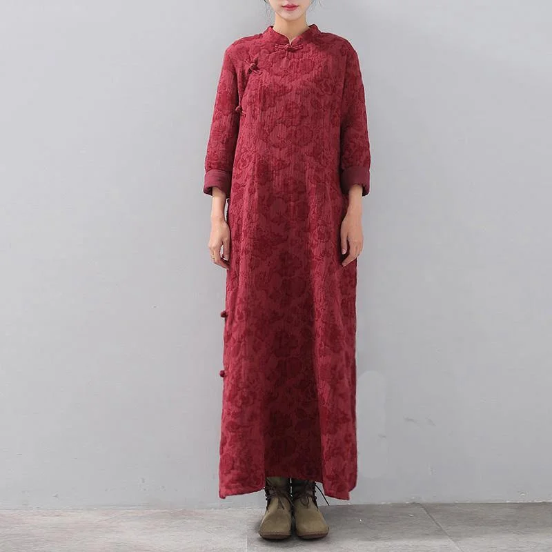 New burgundy Loose fitting stand collar caftans women Chinese Button side open maxi dresses Fashionable Chiffon Maxi Dress