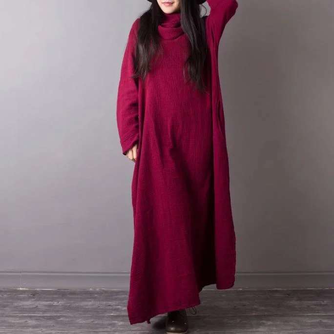 new burgundy original design linen dresses plus size casual vintage maxi dress Comfortable Flowy Maxi Dress