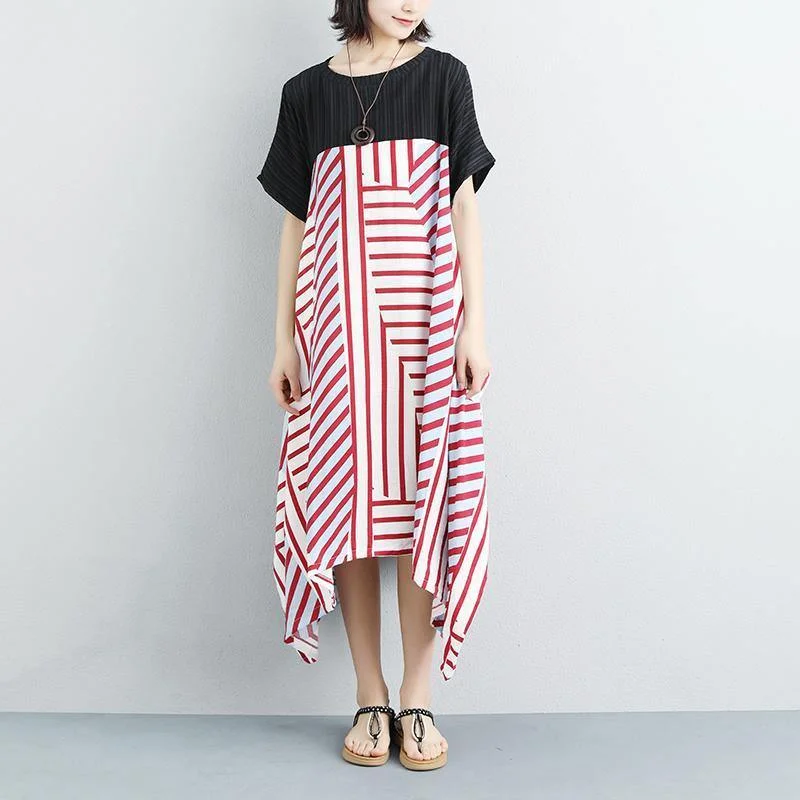 New cotton maxi dress plus size Women Loose Stripe Splicing Short Sleeve Dress Comfortable Fit-and-Flare Maxi Dress