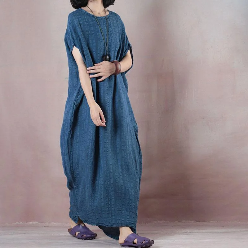 New dark blue long linen dresses Loose fitting o neck baggy dresses linen clothing dresses Fine Sleeveless pockets maxi dresses Comfortable Pleated Maxi Dress