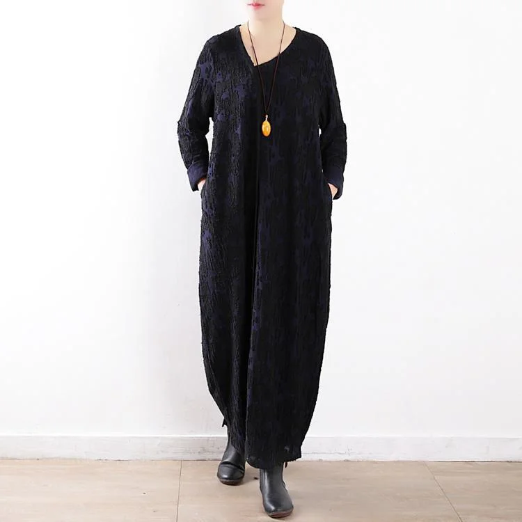 New dark blue maxi dress plus size caftans v neck asymmetric Jacquard traveling  clothing Fashionable High-Waist Maxi Dress