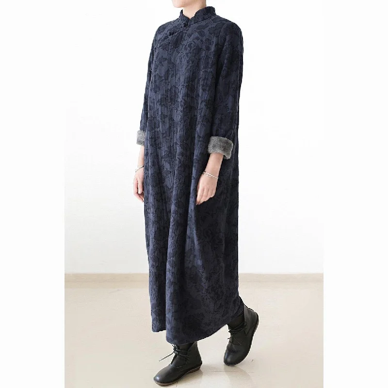 new dark blue warm fall outfit linen maxi dress oversize prints vintage Chinese Button casual dress Comfortable Long-Sleeve Maxi Dress