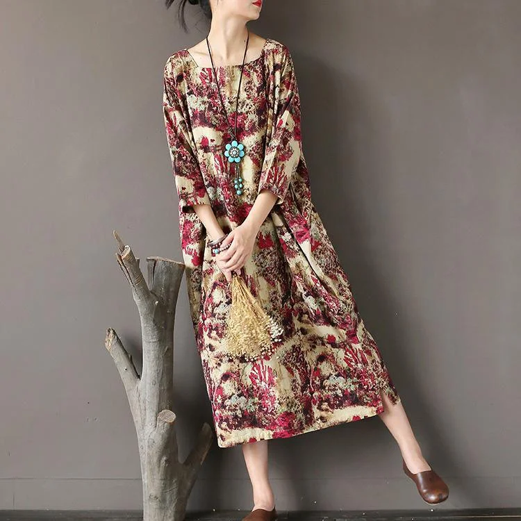 new fall beige prints linen dresses oversize casual square collar maxi dress Trendy Maxi Dress with Belt