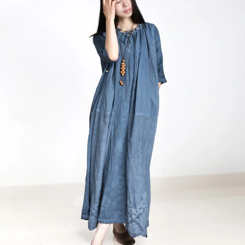 new fall blue paints linen dresses oversize embroidery pickets maxi dress Elegant Boho Maxi Dress