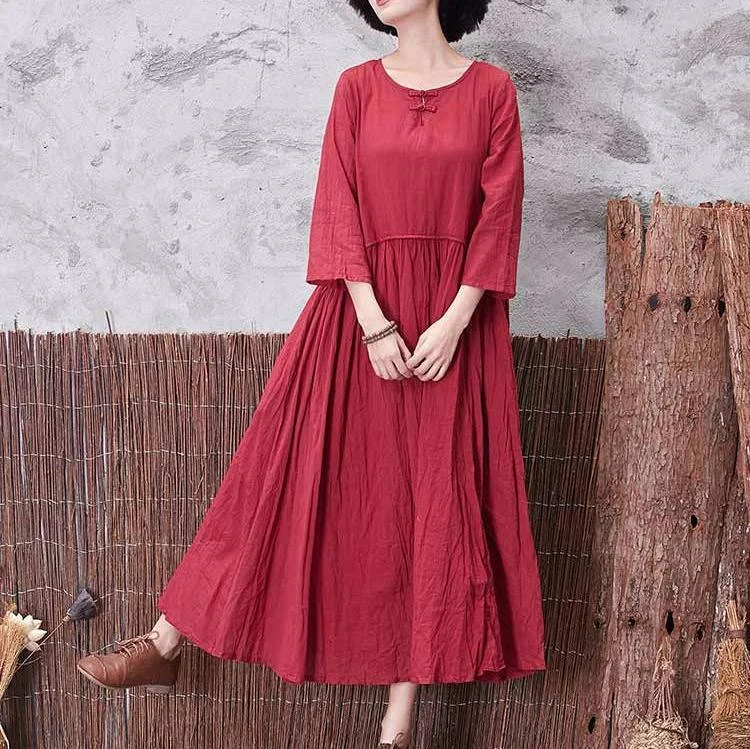 New Fall Red Vintage Linen Maxi Dress Plus Size Women Dress Stylish A-Line Maxi Dress