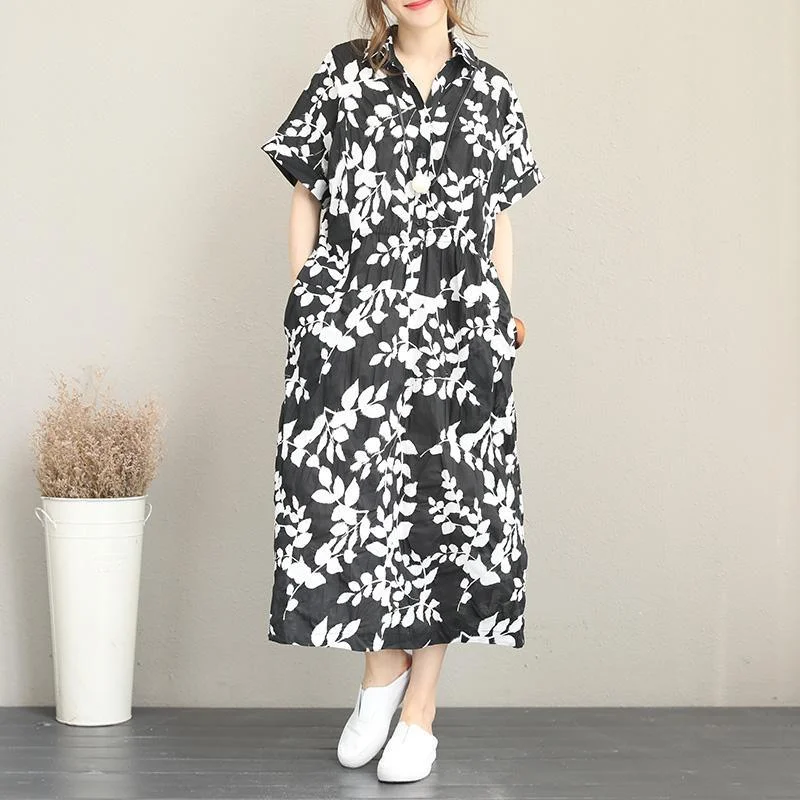 New floral long cotton dresses plus size turn-down collar short sleeve baggy dresses vintage drawstring maxi dresses Elegant Silk Maxi Dress