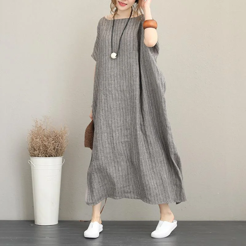 New gray natural linen blended dress trendy plus size O neck short sleeve caftans Fine patchwork back open maxi dresses Cozy Maxi Dress with Slit