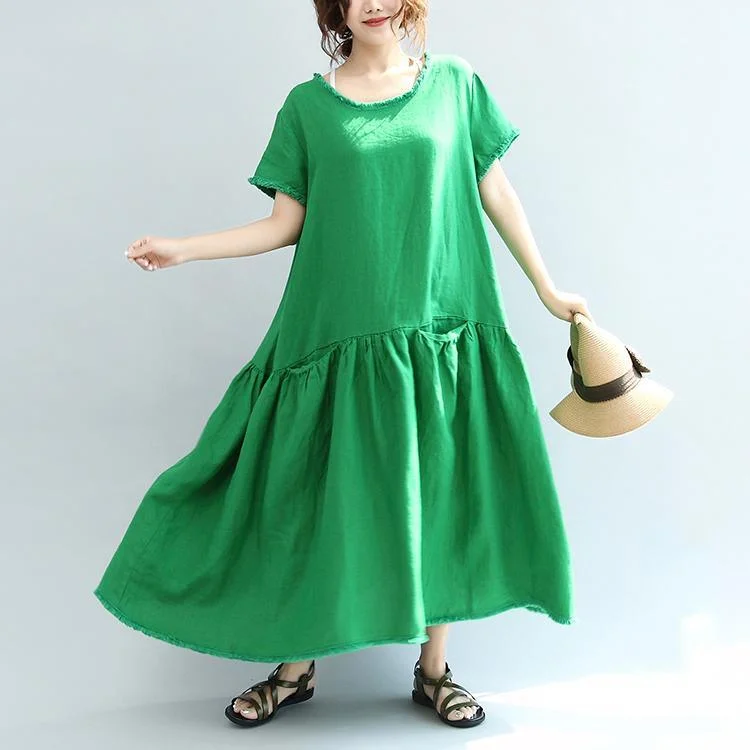 new green pockets linen sundress plus size casual dresses o neck maxi dress Elegant Maxi Dress with Ruffles