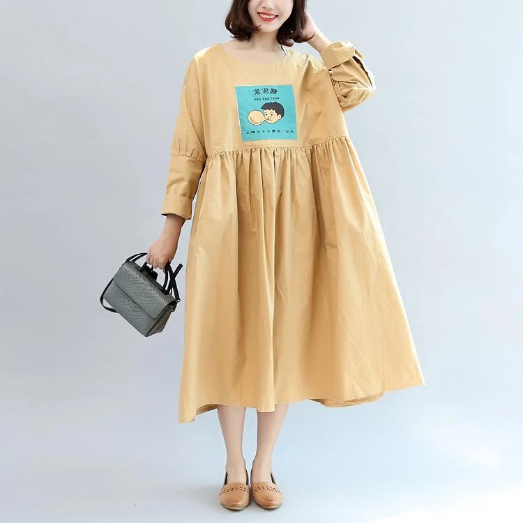 new khaki cartoon patchwork cotton maxi dresses oversize long sleeve women dress Cozy Spaghetti Strap Maxi Dress