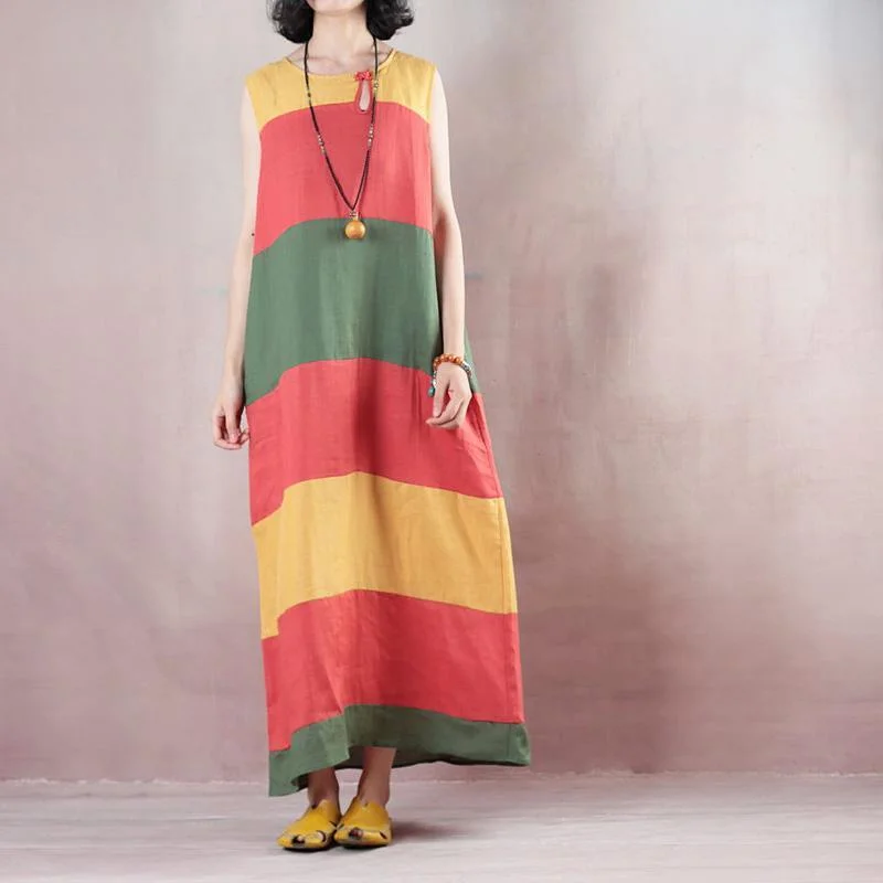 New multicolor striped linen maxi dress trendy plus size O neck linen maxi dress Fashionable Off-Shoulder Maxi Dress