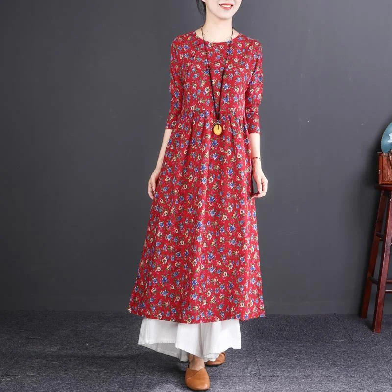 New red print cotton linen maxi dress oversized O neck wrinkled cotton linen gown Fine long sleeve baggy dresses Stylish Long Sleeve Maxi Dress