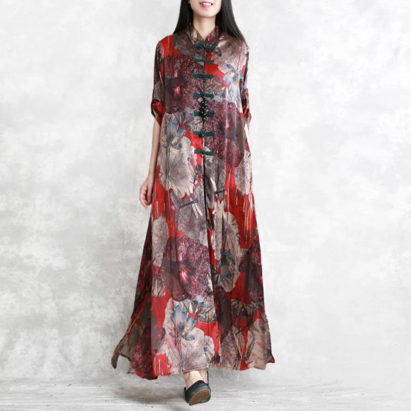 New red prints silk dresses oversized half sleeve shirt silk clothing dresses 2018 side open chiffon maxi dresses Trendy A-Line Maxi Dress