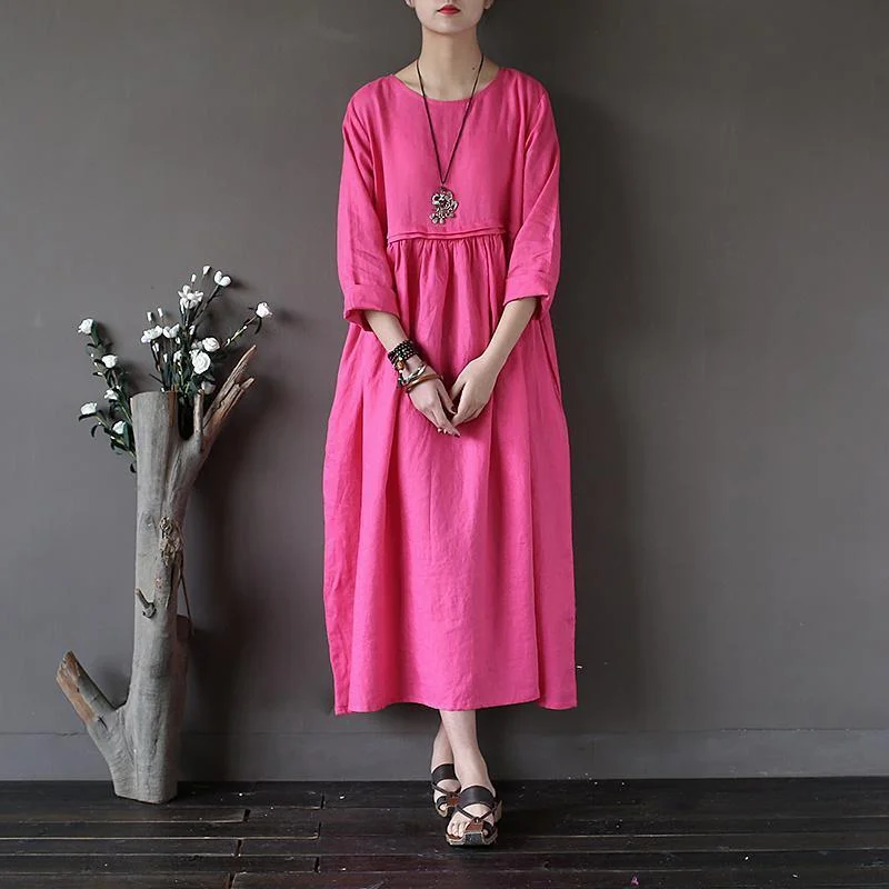 new rose red high waist linen maxi dresses oversize casual wrinkled dress Fashionable Maxi Dress with Fringe