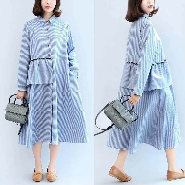 new ruffles blue white striped cotton dresses plus size casual long sleeve maxi dress Comfortable Plunging Neckline Maxi Dress