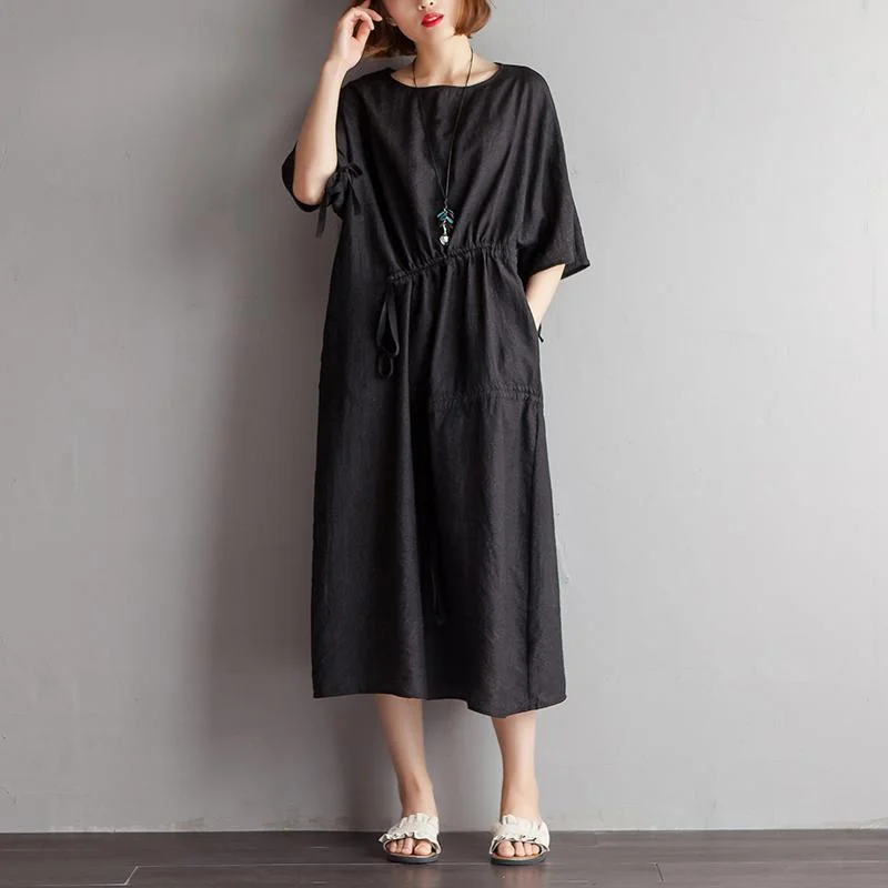 New silk jacquard maxi dress plus size Lacing Round Neck Summer Short Sleeve Black Dress Chic Boho Print Maxi Dress