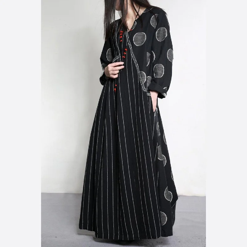 New Striped Patchwork Linen Dresses Plus Size Asymmetric Warm Maxi Dresses Trendy Button Front Maxi Dress