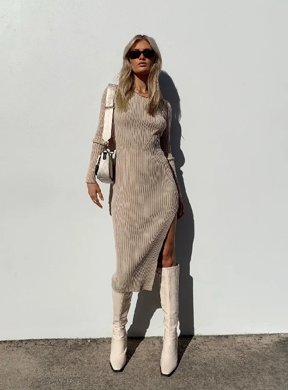 Nicky Midi Dress Beige Cozy Wide Strap Midi Dress