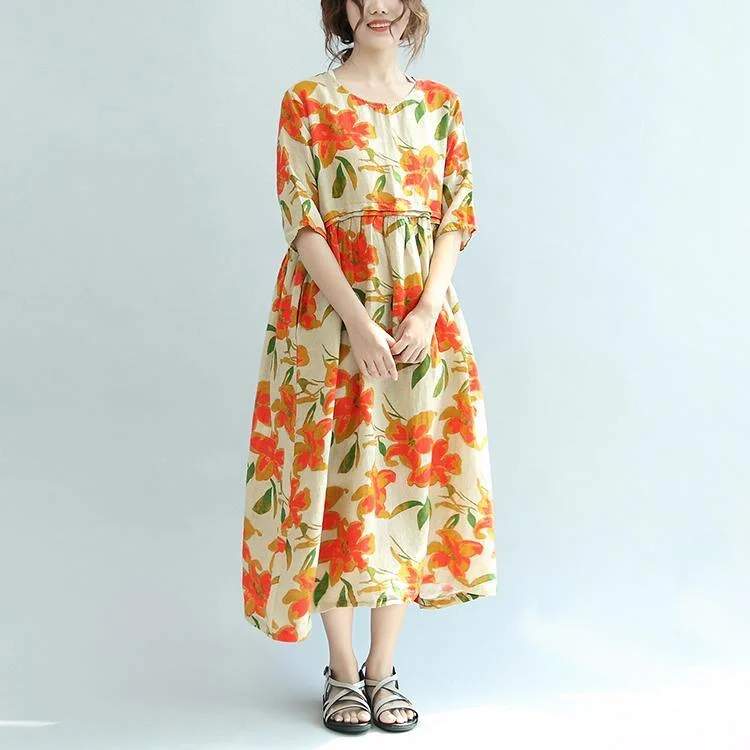 nude orange floral summer linen dresses casual plus size sundress cute high waist maxi dress Cozy Cold-Shoulder Maxi Dress