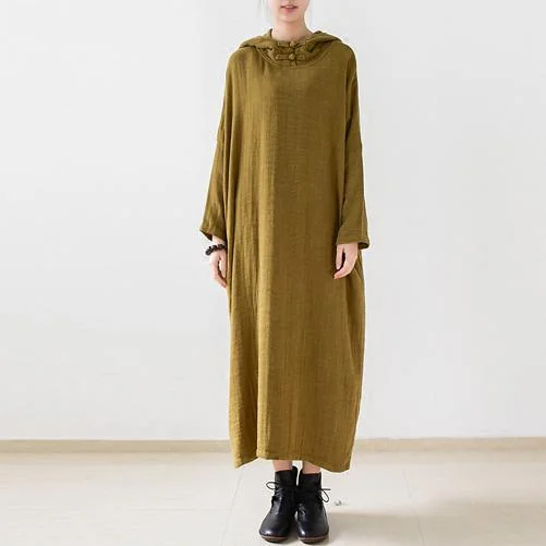 Olive double layered long sleeve linen dresses hooded long cotton maxi dresses Stylish V-Neck Maxi Dress