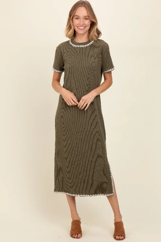 Olive Green Ribbed Embroidered Trim Short Sleeve Midi Dress Elegant Floral Skirt Midi Dress