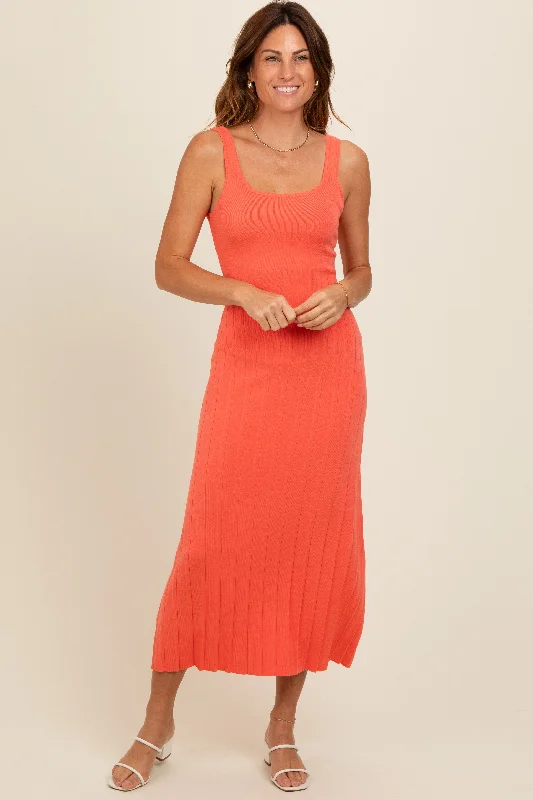 Orange Knit Ribbed Fitted Midi Dress Elegant Sleeveless Midi Dress