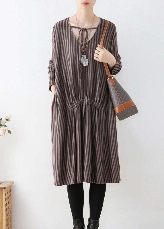 Organic Coffee V Neck Striped Knitted Cotton Thread Maxi Dress Fall Trendy Maxi Dress with Lace