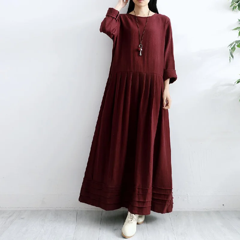 Organic o neck cotton dresses Work burgundy Maxi Dresses fall Cozy Ruffle Sleeve Maxi Dress