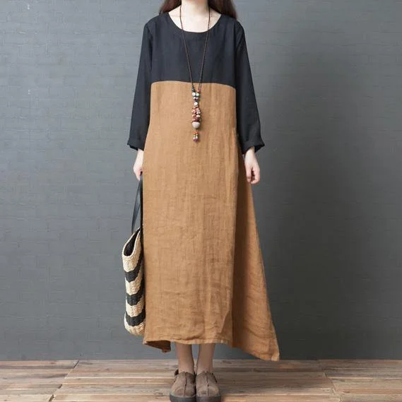 Organic O-Neck Patchwork Asymmetric Linen Clothes For Women Fashion Work Khaki Maxi Dress Fashionable High-Low Maxi Dress