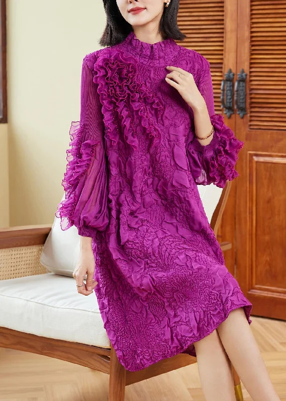 Organic Purple Stand Collar Ruffled Patchwork Wrinkled Maxi Dress Puff Sleeve Chic Button-Up Maxi Dress