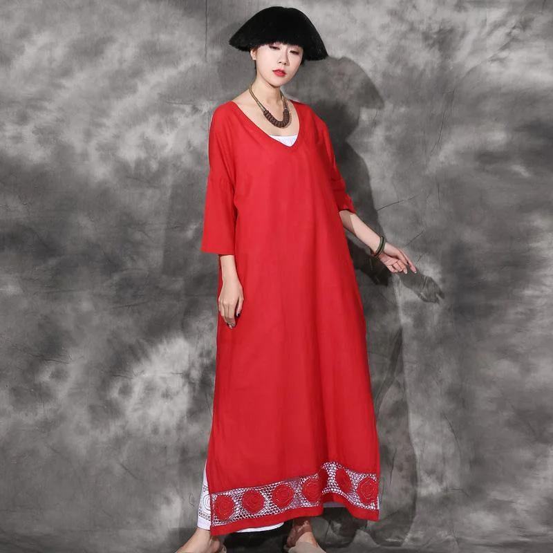 Organic side open lace hem cotton Tunics Sleeve red v neck Maxi Dress summer Trendy Off-Shoulder Ruffle Maxi Dress