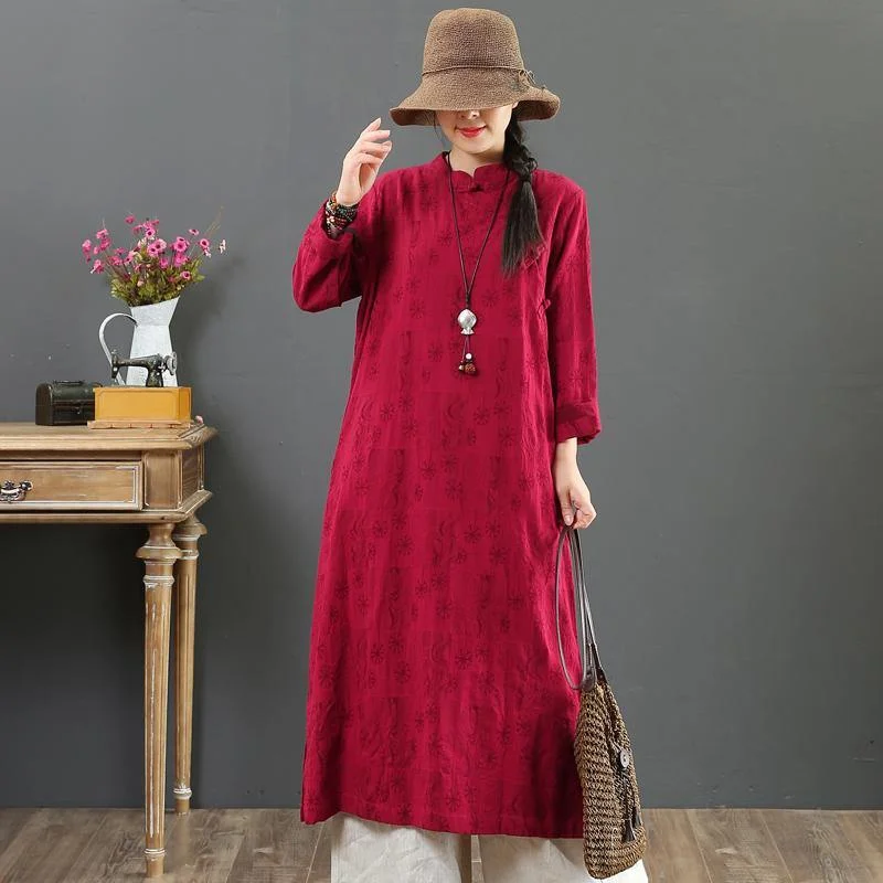 Organic stand collar Jacquard cotton clothes For Women design burgundy Maxi Dresses fall Fashionable Chiffon Maxi Dress