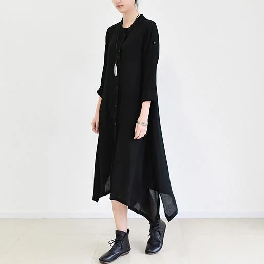 original black casual silk linen gown oversize asymmetric hem fashion maxi dress Comfortable Ruffle Hem Maxi Dress