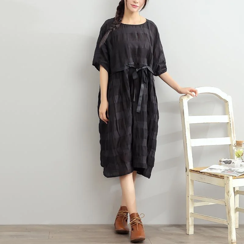 original black linen dress casual loose silk sundress o neck maxi dress Comfortable Long-Sleeve Maxi Dress