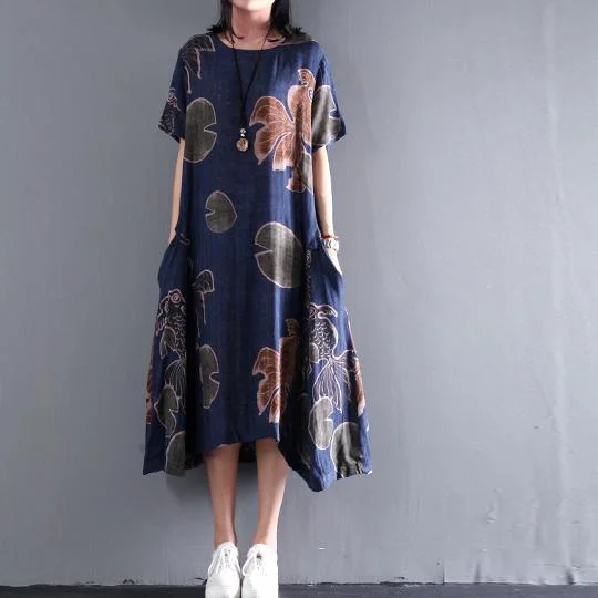 Original Navy floral print linen sundress plus size summer maxi dresses caftan gown Stylish A-Line Maxi Dress