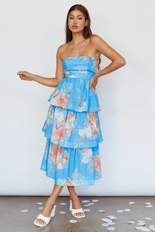 Outshine Strapless Tiered Midi Dress Floral Blue Trendy Off-Shoulder Ruffle Midi Dress