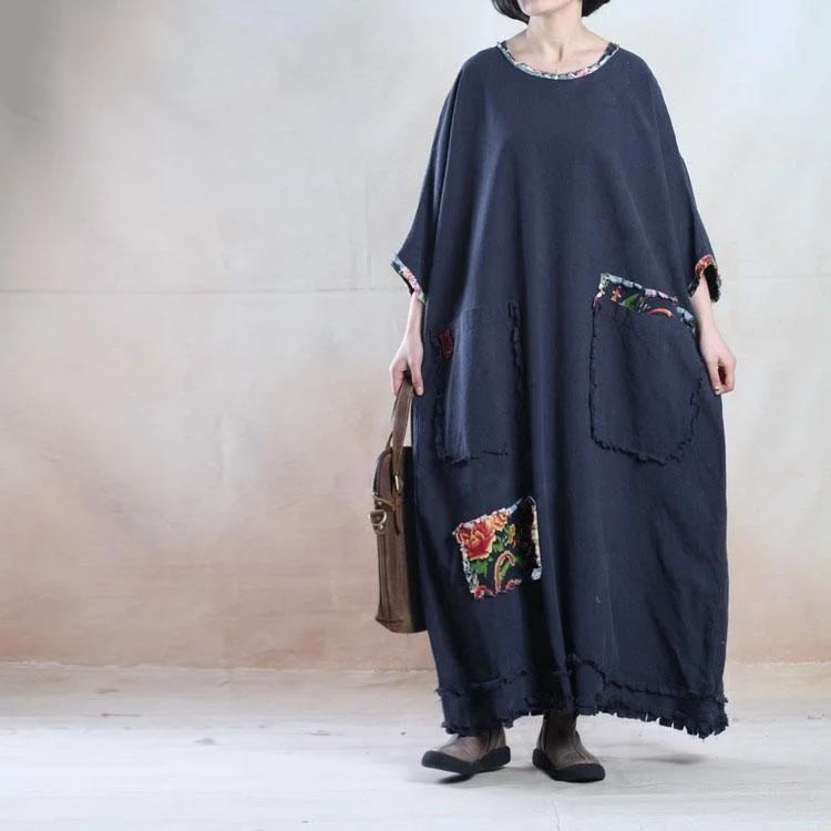 Oversize navy linen maxi dress plus size linen sundress - travel alone Trendy Short Sleeve Maxi Dress