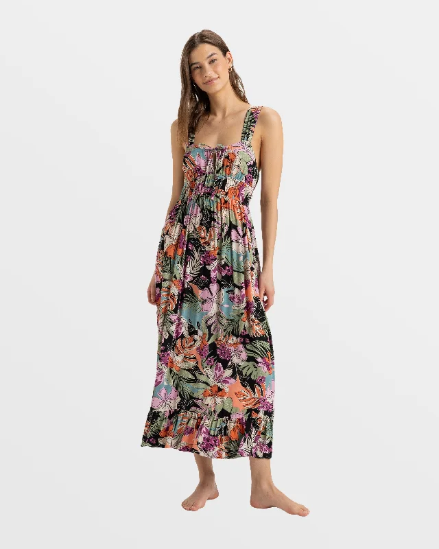 Paradise Winds Tropical Midi Dress - Phantom Moody Tropical Apparel Elegant Faux Wrap Midi Dress