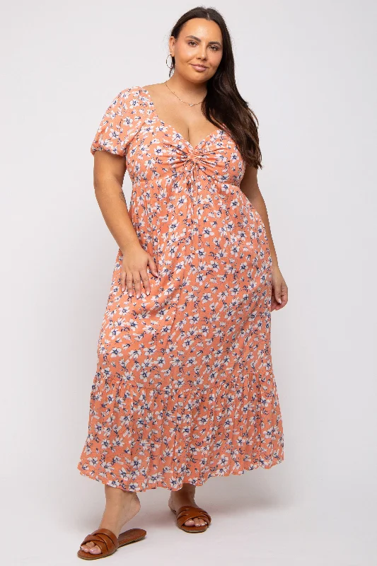 Peach Floral Sweetheart Drawstring Neck Short Sleeve Plus Midi Dress Trendy Square Neck Midi Dress