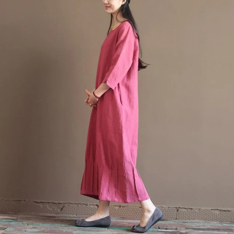 Pink New linen maxi dresses long sleeve spring caftan dress Comfortable Pleated Maxi Dress