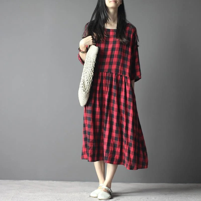 Plaid maxi dress cotton sundress linen three quarter sleeves in red and black Elegant Silk Maxi Dress