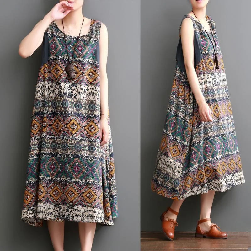 Plus size summer linen dress floral print sleeveless sundress maxi dresses Elegant Maxi Dress with Belt