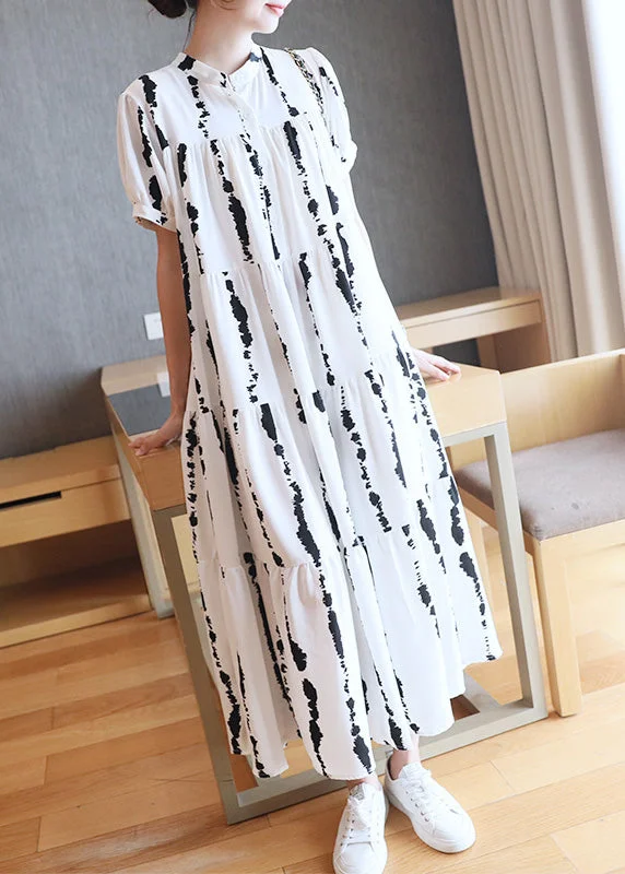 Plus Size White O-Neck Striped Print Wrinkled Button Maxi Dresses Summer Stylish V-Neck Maxi Dress