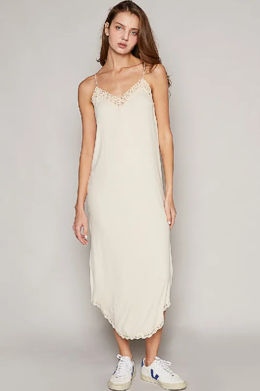 Toula Lace Trim Midi Dress (Almond Cream) Comfortable Sleeveless Midi Dress