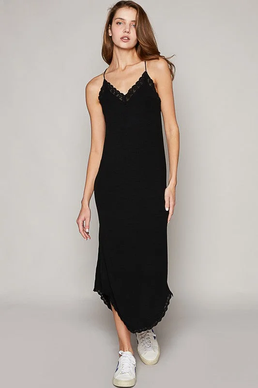 Toula Lace Trim Midi Dress (Black) Elegant Sleeveless Midi Dress