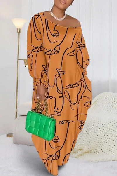 Printed Single Shoulder Lantern Sleeve Maxi Dress Comfortable Maxi Dress with Belt