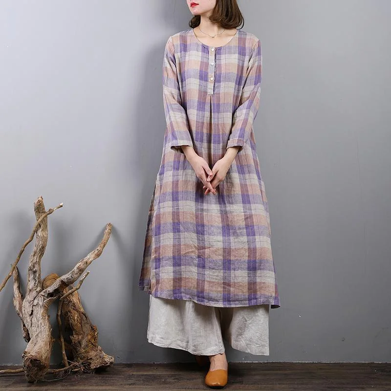 purple plaid long linen dresses plus size side open traveling clothing boutique o neck maxi dresses Comfortable Maxi Dress with Sleeves