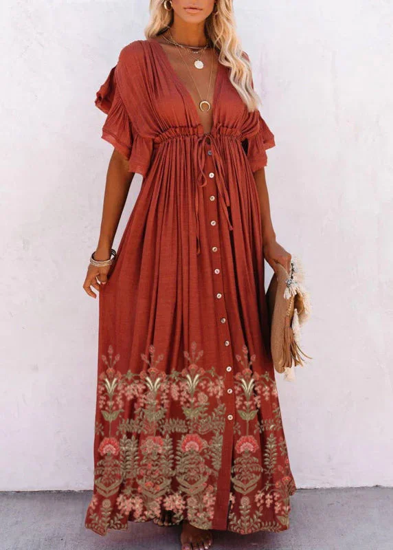 Red-flower V Neck Button Maxi Dresses Short Sleeve Fashionable Halter Neck Maxi Dress